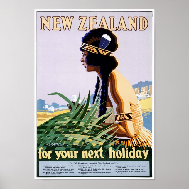 New Zealand Vintage Travel Poster Restored (Front)