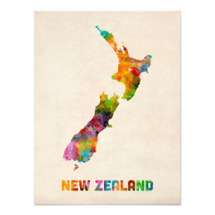 New Zealand, Watercolor Map Photo Print