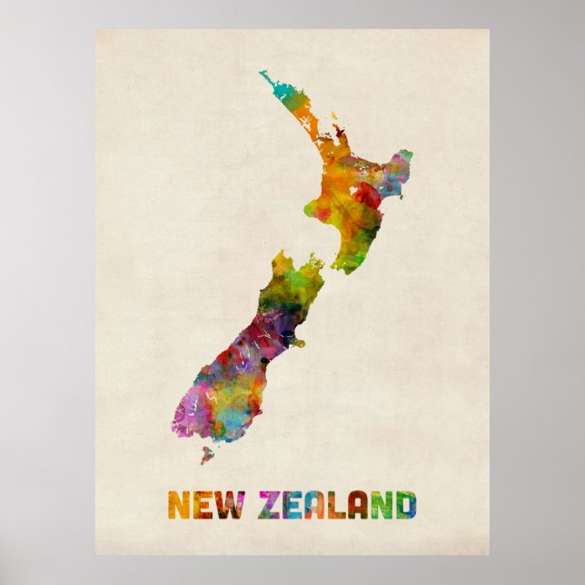 New Zealand, Watercolor Map Poster (Front)