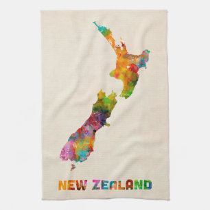 New Zealand, Watercolor Map Tea Towel
