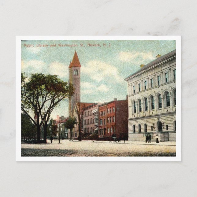 Newark NJ, Washington St, Library, 1910s Postcard (Front)