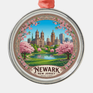 Newark Skyline from Branch Brook Park New Jersey Metal Tree Decoration
