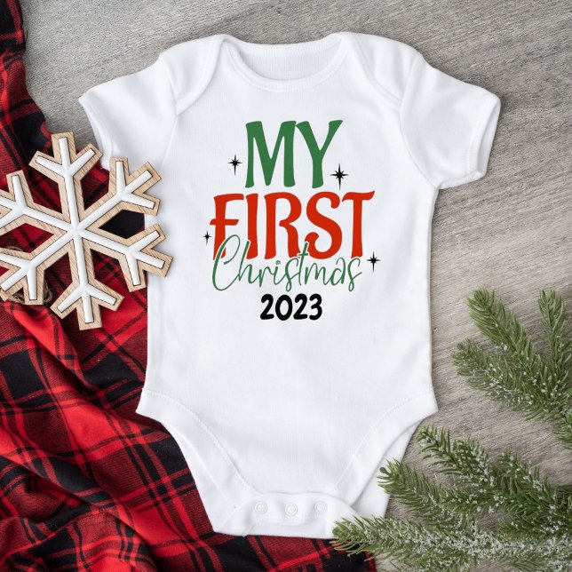 Newborn 1st Christmas Outfit in Red & Green Text Baby Bodysuit (Creator Uploaded)
