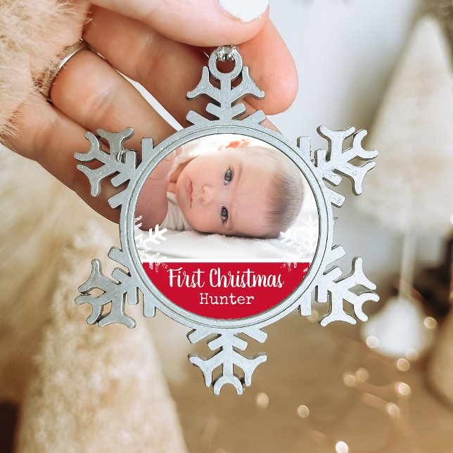 Newborn 1st Christmas Photo Red Snowflakes Snowflake Pewter Christmas Ornament (Rustic snowflake family holiday keepsake photo ornament perfect for gifts to bring joy to others.)