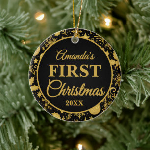 Newborn Baby 1st Christmas Black Gold Photo Ceramic Tree Decoration