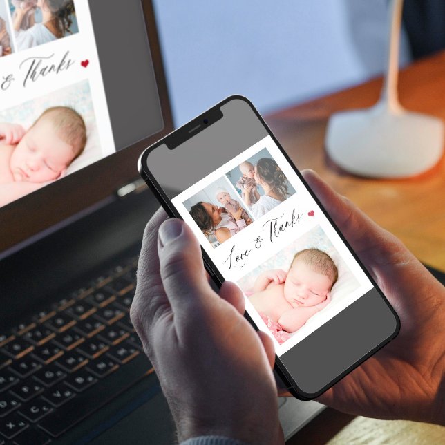 Newborn baby 3 photo collage elegant thank you invitation (Creator Uploaded)