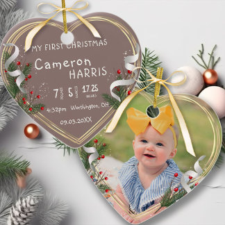 Newborn Baby Birth Info Custom Photo 1st Xmas Ceramic Tree Decoration