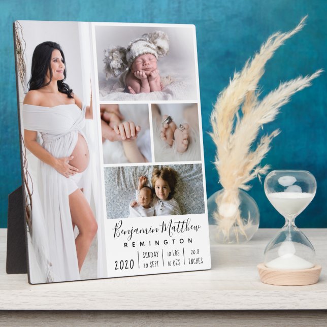 Newborn Baby Birth Stats Five Photo Collage  Plaque (Side)