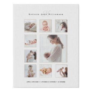 Newborn Baby Birth Stats Photo Collage & Monogram Faux Canvas Print