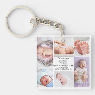 Newborn Baby Birth Stats & Photo Collage Plaque Key Ring