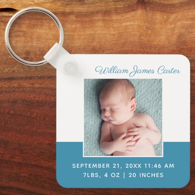 Newborn Baby Boy Blue Photo Cute Double Sided Key Ring (Front)