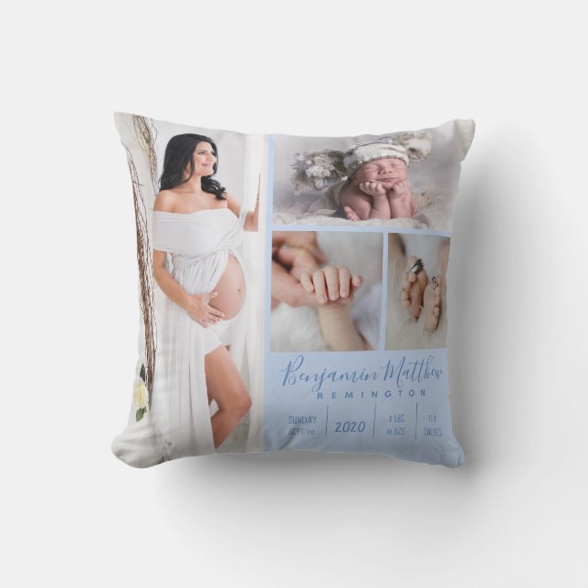 Newborn Baby Boy Blue Photo Keepsake Cushion (Front)