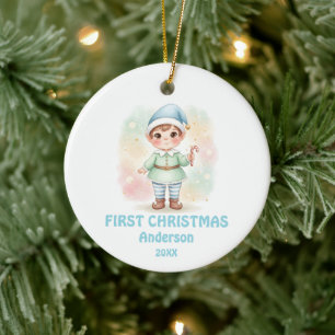 Newborn Baby Boy First Christmas Elf Photo Ceramic Tree Decoration