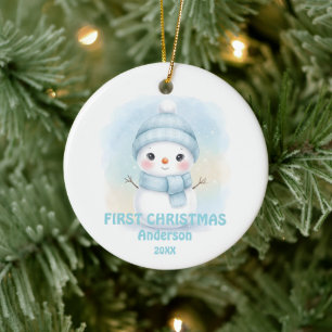 Newborn Baby Boy First Christmas Snowman Photo Ceramic Tree Decoration