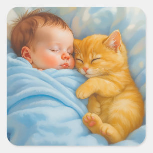 Newborn Baby Boy Napping with Kitten Square Sticker