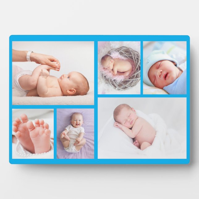 Newborn baby boy Personalised 6 Photo blue Plaque (Front)