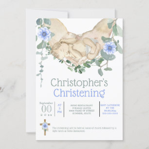 Newborn baby boy sleeping in hands eucalyptus invitation