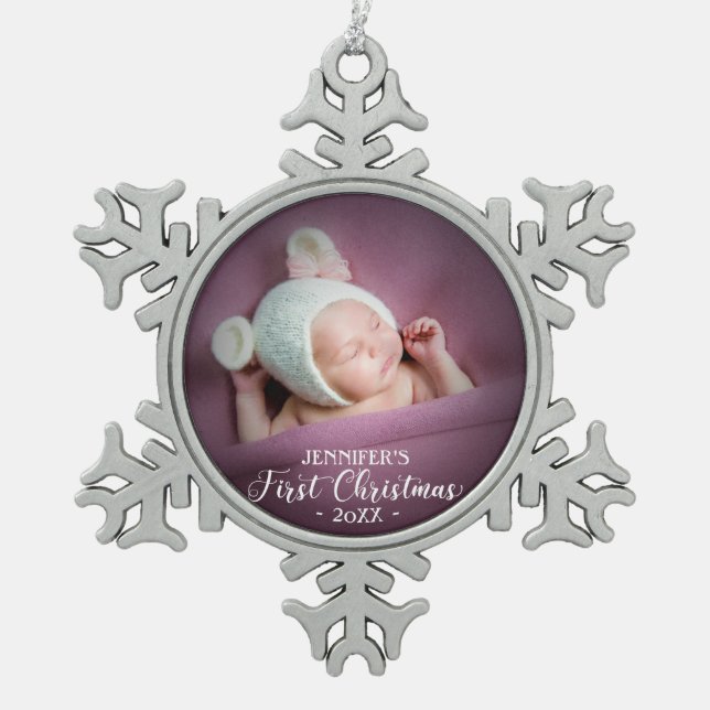 Newborn Baby First Christmas Add Your Photo  Snowflake Pewter Christmas Ornament (Front)