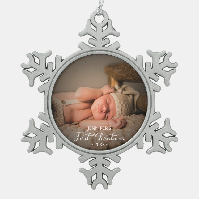 Newborn Baby First Christmas Custom Photo Snowflake Pewter Christmas Ornament (Front)