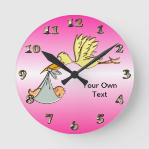 Newborn Baby Girl - A Flying Stork Delivery Round Clock