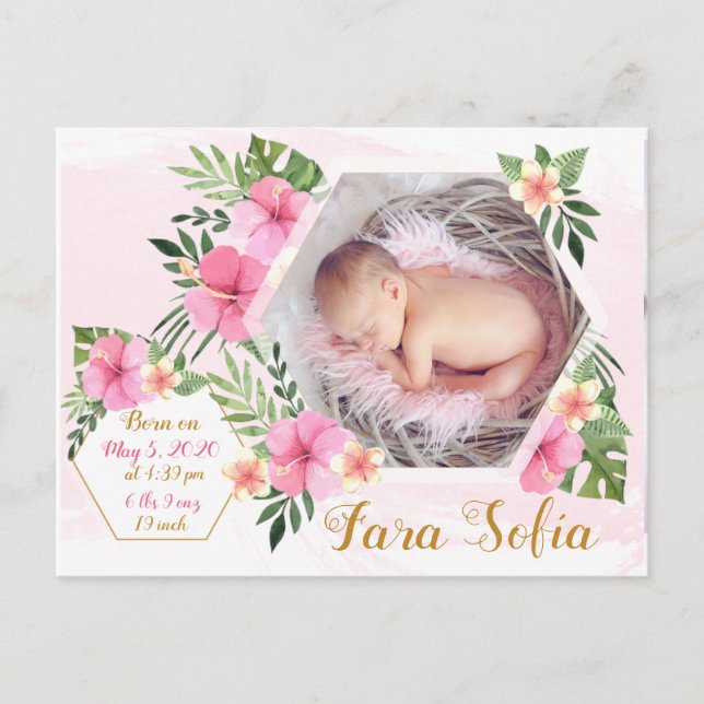 Newborn Baby Girl Announcement- Tropical Flowers Announcement Postcard (Front)