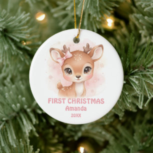 Newborn Baby Girl First Christmas Deer Photo Ceramic Tree Decoration