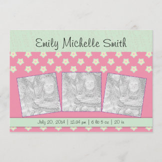Newborn Baby Girl Green Dark Pink Stars Announceme Announcement
