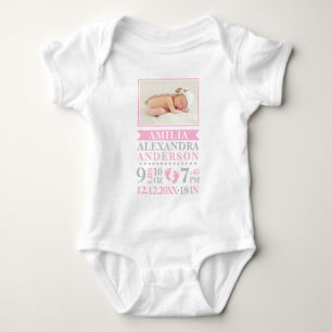Newborn Baby Girl Pink Grey Birth Stats PHOTO Bodysuit
