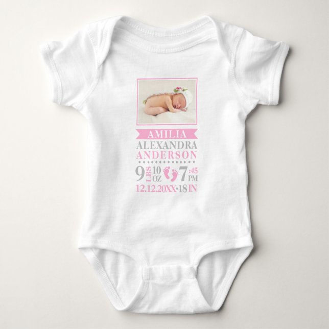 Newborn Baby Girl Pink Grey Birth Stats PHOTO Bodysuit (Front)