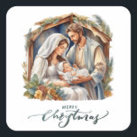 Newborn Baby Jesus Nativity  Square Sticker<br><div class="desc">These traditional Christmas stickers feature a nativity image of baby Jesus  with Mary and Joseph in the stable. Below are the words "Merry Christmas."</div>