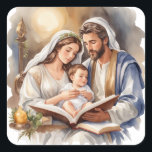 Newborn Baby Jesus with Mary and Joseph Square Sticker<br><div class="desc">These traditional Christmas stickers feature a nativity image of baby Jesus  with Mary and Joseph reading a book.</div>