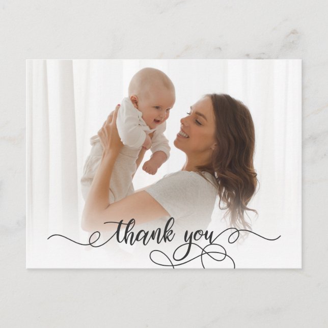 Newborn Baby Photo Modern Calligraphy Thank You  Postcard (Front)