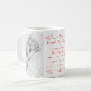 Newborn Baby Photos & Birth Stats - Coral & White Coffee Mug
