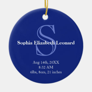 Newborn baby statistic monogram keepsake navy blue ceramic tree decoration