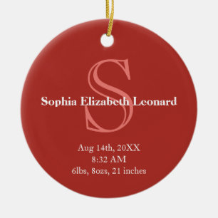 Newborn baby statistic monogram keepsake red ceramic tree decoration