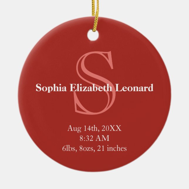 Newborn baby statistic monogram keepsake red ceramic tree decoration (Front)