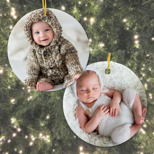 Newborn Baby Two Photo Christmas Ceramic Tree Decoration