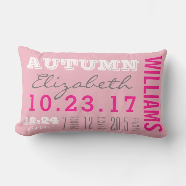 Newborn Birth Details Pillow | Baby Girl Pink (Front)