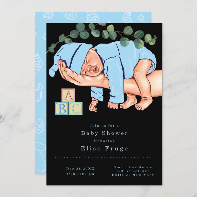 Newborn Boy on Mummy Arms Blue Baby Shower Invitation (Front/Back)