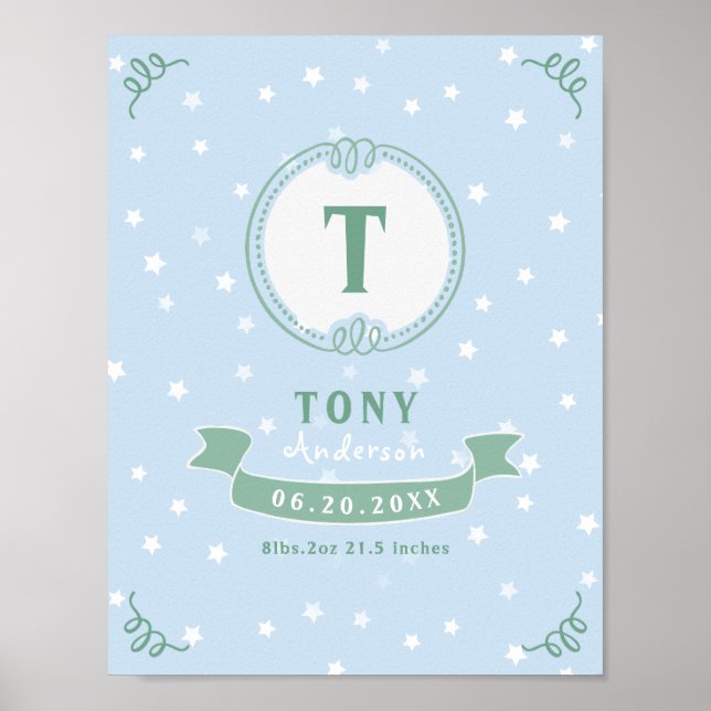 Newborn boy personalised baby keepsakes monogram poster (Front)