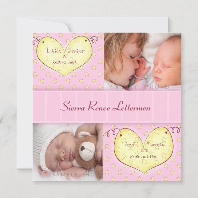 Newborn Girl with Sibling Photo Birth Announcement (Front)