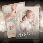 Newborn Photo Collage Christmas Birth Announcement<br><div class="desc">Sweet holiday theme birth announcements feature your favourite newborn photo on the front with the greeting Merry Christmas and your names. Your baby's birth stats and 3 photos on the back. CHANGE the background colour on the back with our Edit tools.</div>