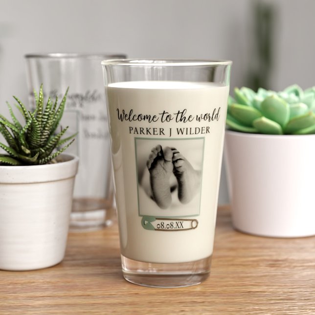 Newborn Photo Welcome Baby Boy Proud Parent Glass (Welcome to the world little one! Upload your baby photo to this lovely keepsake glass and your name)