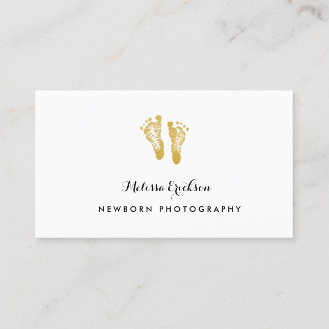 Newborn Photographer Elegant Faux Gold Footprints Business Card (Front)