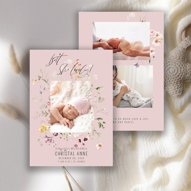 Newborn Wildflower Photo Collage Pink Girl Birth Announcement (Creator Uploaded)