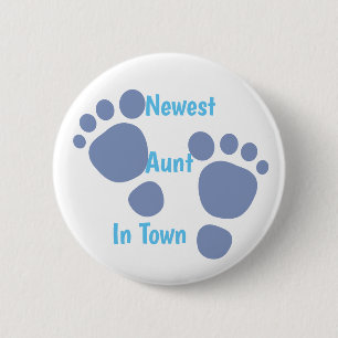 Newest Aunt In Town Blue Baby Footprint Button