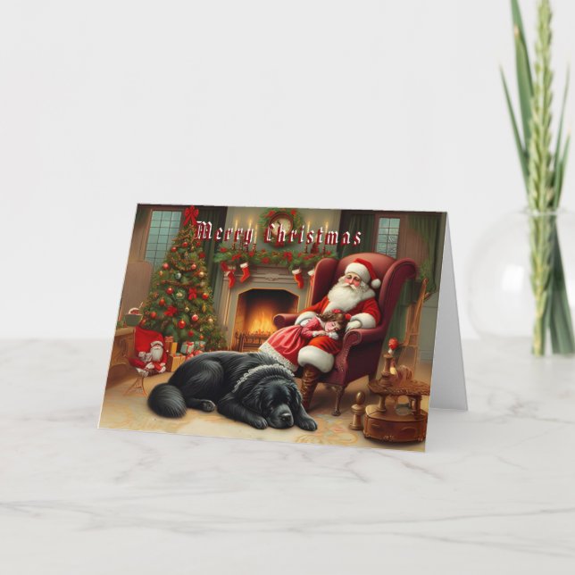 Newf & Santa Sleeping by the Fireplace Card (Front)