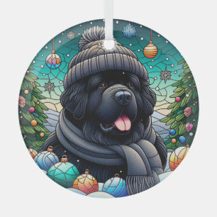 Newfie in Beanie Glass Round Ornament