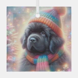 Newfie Pup Winter Square Glass Tree Decoration