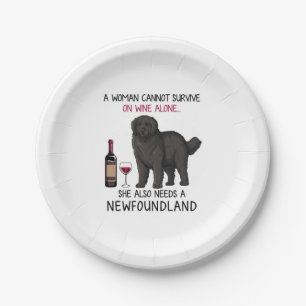 Newfoundland and wine Funny dog  Paper Plate